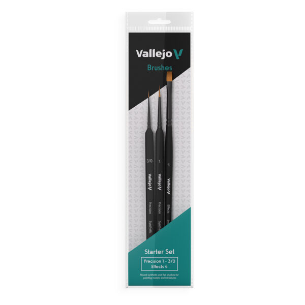 B03990 VALLEJO Starter Set Round No.1 and 3by0 Triangular Handle, Flat No.4, synthetics